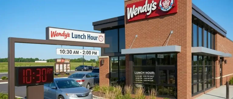 Wendy's Lunch Hours: What Time Does Lunch Start and End? 1 Wendy's lunch hours restaurant exterior showing drive-thru and entrance at 10:30 AM lunch start time
