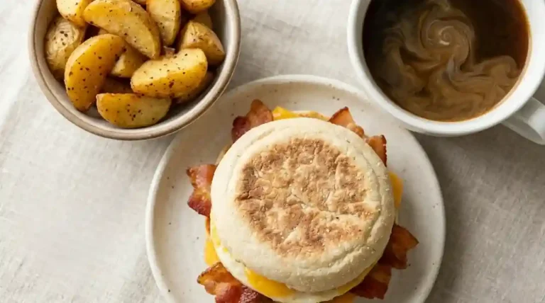 Wendy's Breakfast Nutrition: Calories, Macros and Healthiest Picks 3 Bacon egg and cheese English muffin sandwich with coffee, a low-calorie Wendy's breakfast option