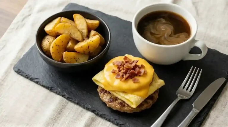 Wendy's Breakfast Nutrition: Calories, Macros and Healthiest Picks 4 Keto-style breakfast with sausage egg and cheese, no bread, next to black coffee