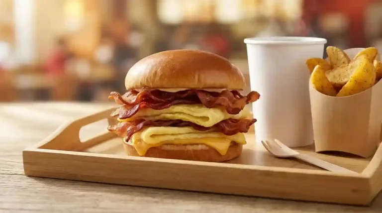 Wendy's Breakfast Nutrition: Calories, Macros and Healthiest Picks 2 A thick breakfast sandwich with layers of bacon, egg, and cheese on a toasted bun