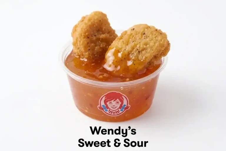 Wendy’s Sauces List (2026) - Complete Dipping Sauce Guide 2 Wendy's Sweet and Sour sauce in a small dipping cup with chicken nuggets