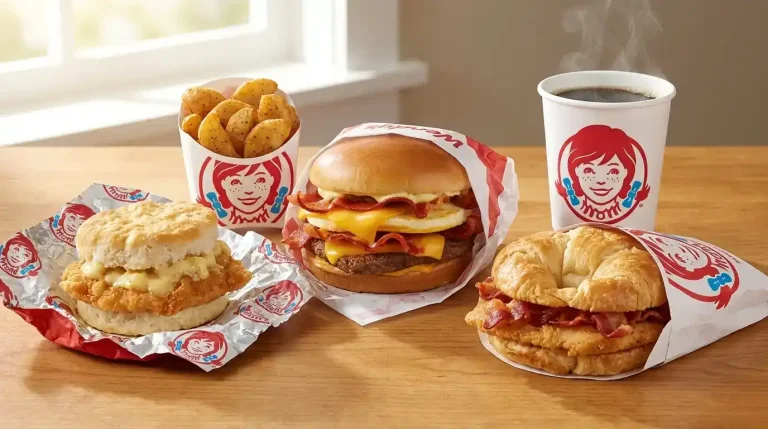 Wendy's Breakfast Menu: Hours, Prices, and Full Guide (2026) 1 Wendy's breakfast menu spread showing Honey Butter Chicken Biscuit, Breakfast Baconator, Maple Bacon Chicken Croissant, seasoned potatoes, and coffee