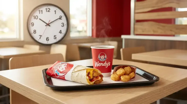 Wendy's Hours: Opening Time, Closing Time and Full Schedule (2026) 2 Wendy's breakfast tray with burrito and coffee