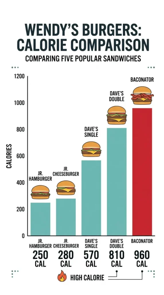 Wendy's Burger Nutrition - Calories, Protein and Full Guide (2026) 2 Wendy's burger nutrition chart comparing calorie counts from the Jr Hamburger at 250 calories to the Baconator at 960 calories