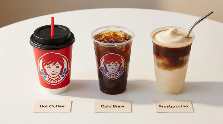 Wendy's Drinks Menu: Every Category, Price, and Calorie Guide (2026) 3 Wendy's coffee menu showing hot coffee, cold brew, and Frosty-ccino options