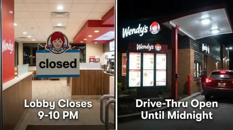 Wendy's Hours: Opening Time, Closing Time and Full Schedule (2026) 3 Wendy's dine-in lobby closed sign next to the drive-thru lane open at night showing different closing times