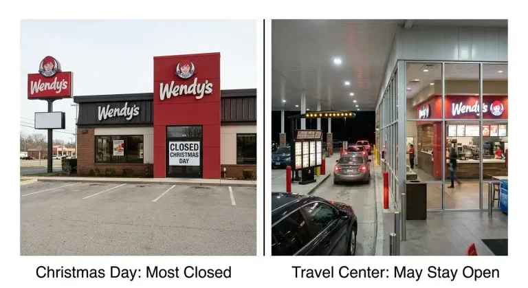 Wendy's Holiday Hours 2026: Full Schedule and What to Expect 2 Wendy's freestanding location closed on Christmas Day versus Wendy's travel center location open showing holiday difference