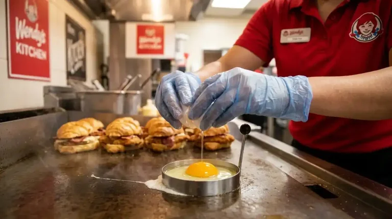 Wendy's Breakfast Menu: Hours, Prices, and Full Guide (2026) 3 Wendy's crew member cracking a fresh grade A egg on the breakfast griddle for a breakfast sandwich