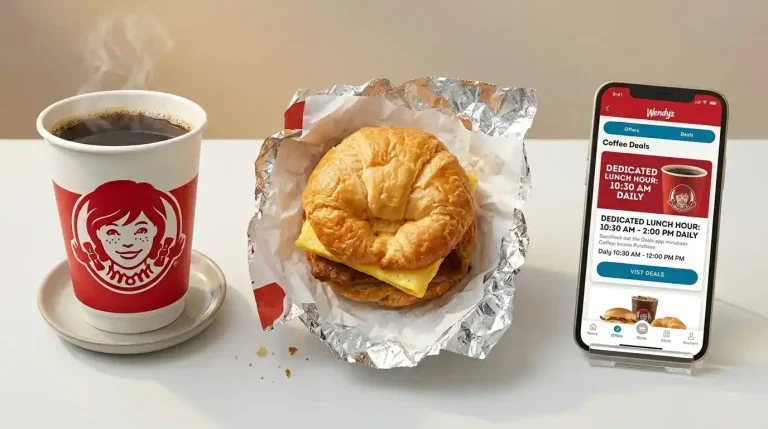 Wendy's Coffee Menu: Every Option, Price, and Calories (2026) 4 Wendy's hot coffee with breakfast croissant and Wendy's app