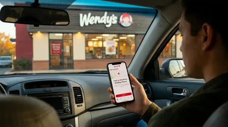 Wendy's Holiday Hours 2026: Full Schedule and What to Expect 3 Person checking Wendy's app in car outside Wendy's restaurant on Thanksgiving to confirm holiday hours
