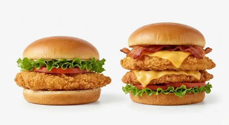 Wendy's Chicken Menu - Items, Prices and Calories (2026) 2 Wendy's crispy chicken sandwich on the left compared to the Asiago Ranch Chicken Club on the right