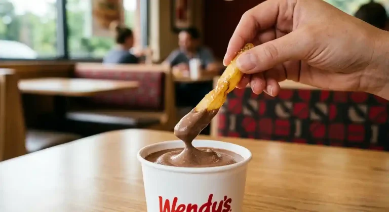 Wendy's Secret Menu: 10 Real Items and How to Order Them (2026) 3 Wendy's Natural-Cut Fry being dipped into a Classic Chocolate Frosty cup for the Frosty-Dipped Fries secret menu hack