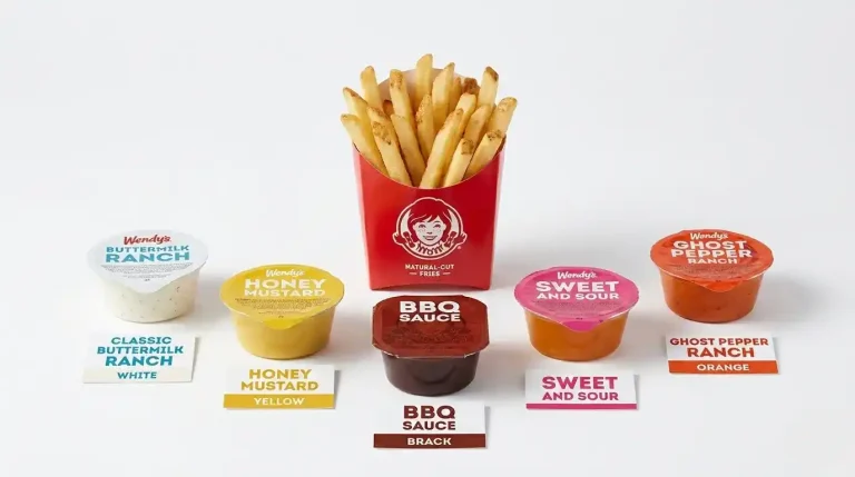 Wendy's Fries Menu: Every Option, Price, and Calories (2026) 4 Wendy's Natural-Cut Fries surrounded by five dipping sauce options
