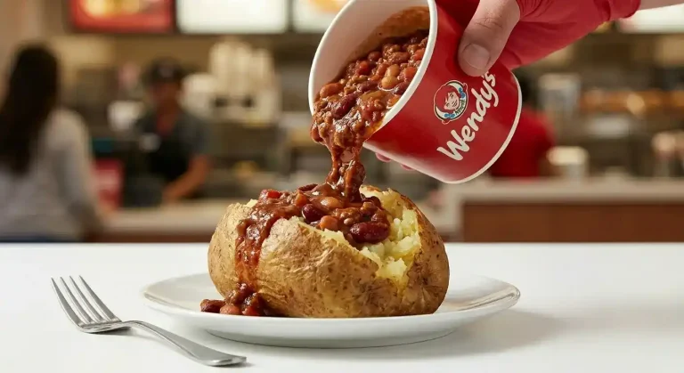 Wendy's Chili Price, Calories, and Nutrition Guide (2026) 3 Wendy's chili being poured over a split baked potato