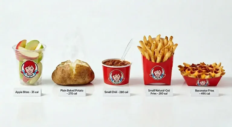 Wendy's Sides Nutrition: Full Calorie and Macro Guide (2026) 1 Wendy's sides nutrition comparison showing Apple Bites, plain baked potato, chili, fries, and Baconator Fries with calorie labels