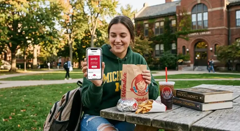 Wendy's Student Discount: How to Get 15% Off with UNiDAYS (2026) 1 College student eating Wendy's Biggie Bag at campus with smartphone showing UNiDAYS 15 percent student discount